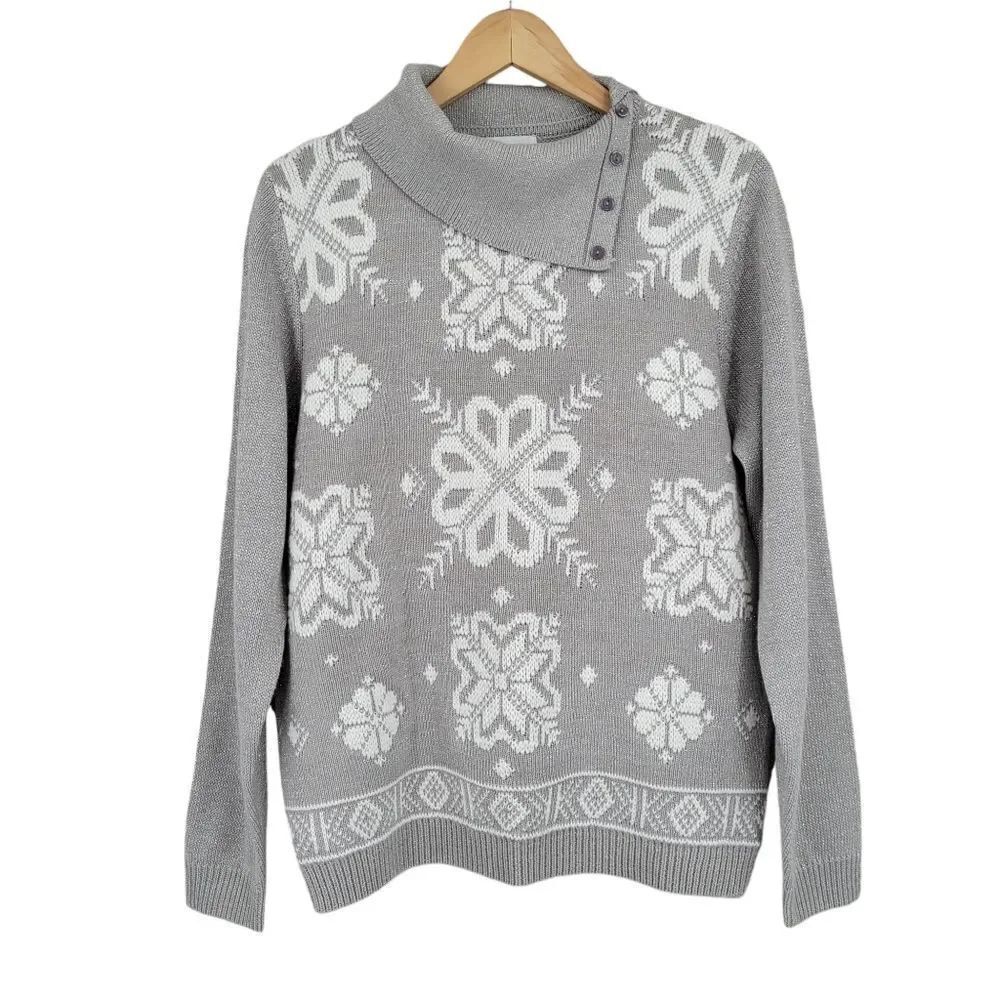 Alfred Dunner Gray Silver Fair Isle Snowflake Foldover Turtleneck Sweater